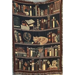 Vntg Goodwin Weavers Cotton Tapestry Fringe Throw Blanket Cat On Bookshelf 48X72